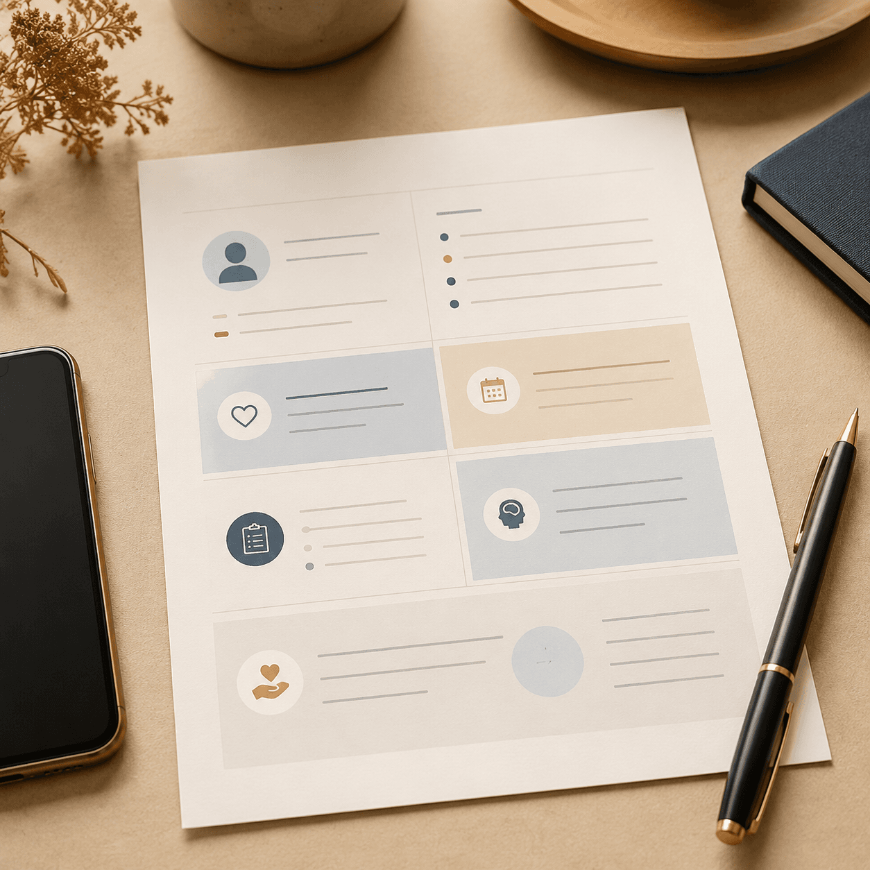 A tidy professional handoff note on a desk next to a pen and phone