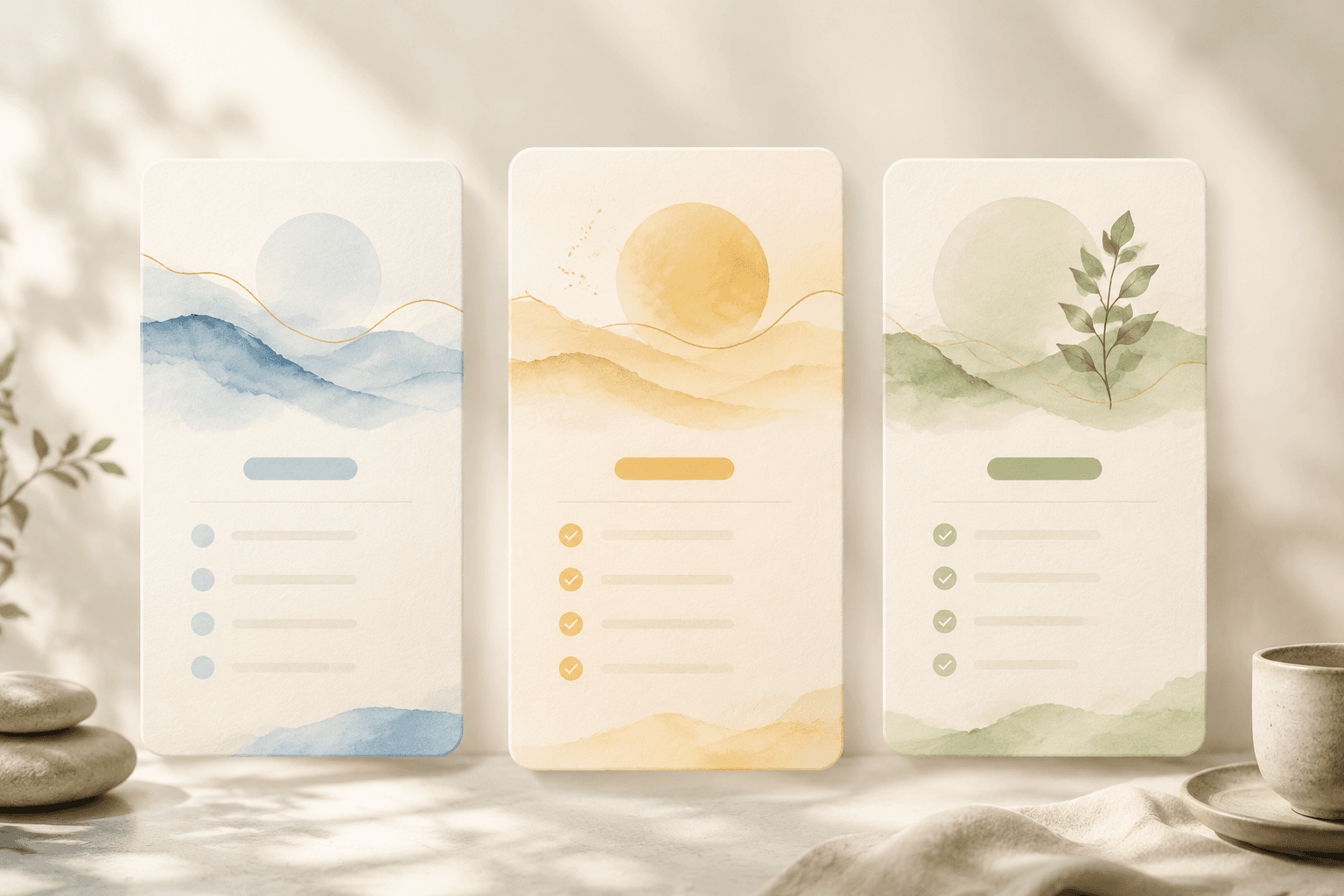 Three soft floating subscription plan cards in calm tones